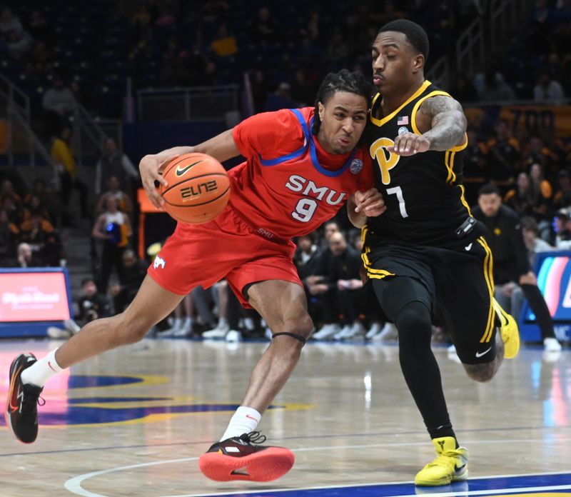 Feb 7, 2026; Pittsburgh, Pennsylvania, USA;  SMU MUstangs guard B.J. Davis-Ray (9) drives on Pittsburgh Panthers Damarco Minor (7) during the second half at Petersen Events Center. The Panthers lost 86-67. Mandatory Credit: Philip G. Pavely-Imagn Images