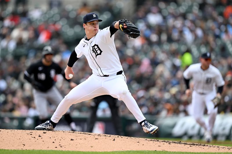 Apr 6, 2025; Detroit, Michigan, USA; Detroit Tigers starting pitcher Jackson Jobe (21) throws a pitch against the Chicago White Sox  in the third inning at Comerica Park. Mandatory Credit: Lon Horwedel-Imagn Images