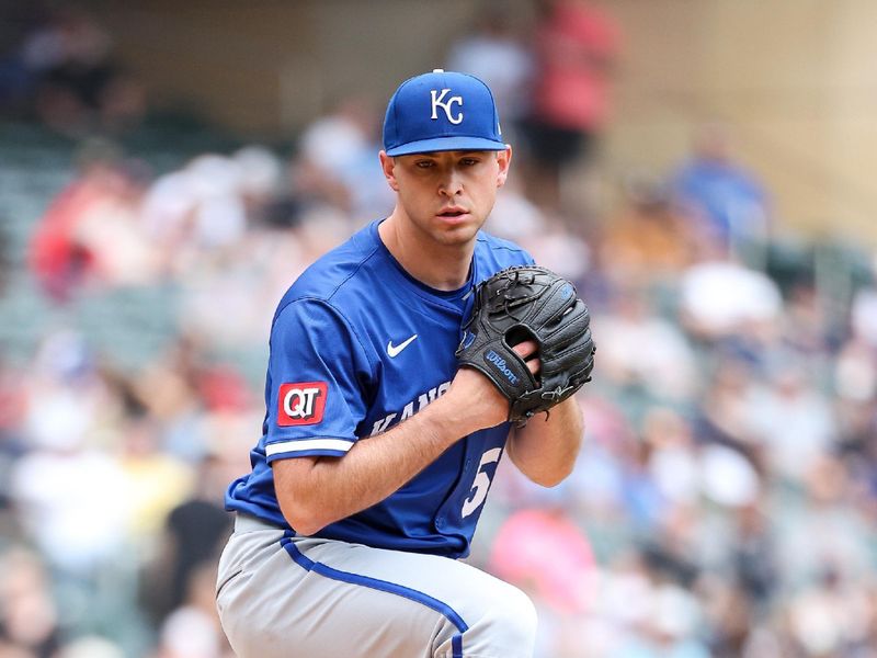 May 25, 2025; Minneapolis, Minnesota, USA; Kansas City Royals starting pitcher Kris Bubic (50) delivers a pitch against the Minnesota Twins during the first inning at Target Field. Mandatory Credit: Matt Krohn-Imagn Images