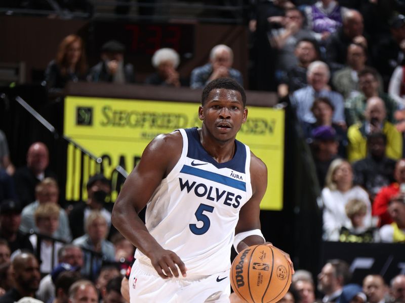 SALT LAKE CITY, UT - MARCH 18: Anthony Edwards #5 of the Minnesota Timberwolves handles the ball during the game against the Utah Jazz on March 18, 2024 at Delta Center in Salt Lake City, Utah. NOTE TO USER: User expressly acknowledges and agrees that, by downloading and or using this Photograph, User is consenting to the terms and conditions of the Getty Images License Agreement. Mandatory Copyright Notice: Copyright 2024 NBAE (Photo by Melissa Majchrzak/NBAE via Getty Images)