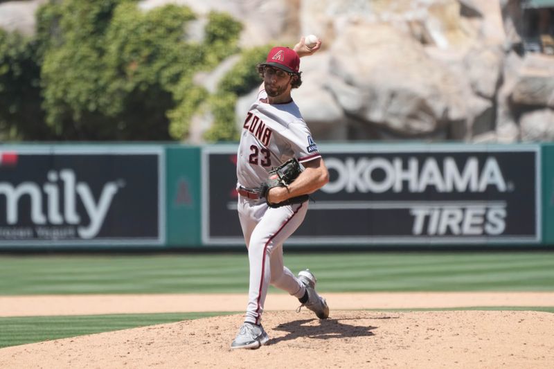 Jul 2, 2023; Anaheim, California, USA; Arizona Diamondbacks starting pitcher Zac Gallen (23) throws against the Los Angeles Angels at Angel Stadium. Mandatory Credit: Kirby Lee-USA TODAY Sports