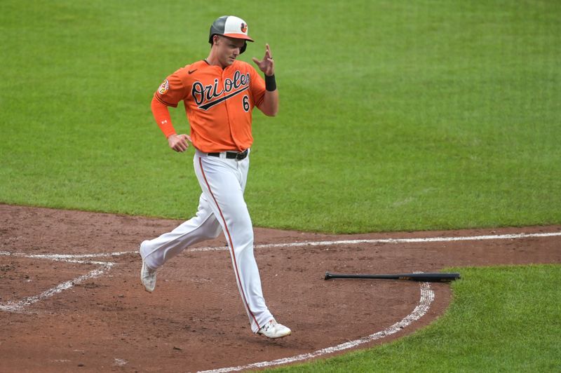 Jul 15, 2023; Baltimore, Maryland, USA;  aBaltimore Orioles first baseman Ryan Mountcastle (6) scores during the second inning against the Miami Marlins t Oriole Park at Camden Yards. Mandatory Credit: Tommy Gilligan-USA TODAY Sports