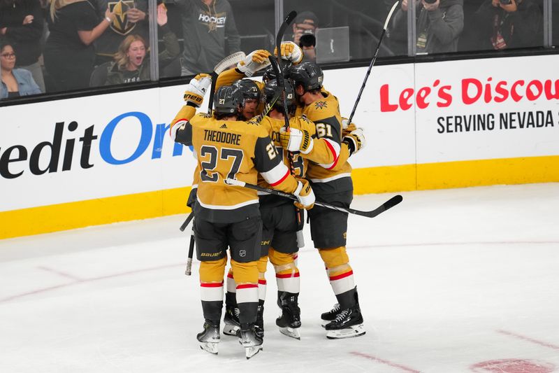 Nov 8, 2023; Las Vegas, Nevada, USA; Vegas Golden Knights center William Karlsson (71) celebrates with team mates after scoring a goal against the Los Angeles Kings during the third period at T-Mobile Arena. Mandatory Credit: Stephen R. Sylvanie-USA TODAY Sports