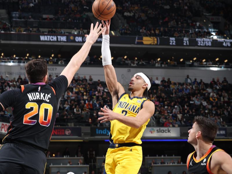 INDIANAPOLIS, IN - JANUARY 26:  Andrew Nembhard #2 of the Indiana Pacers shoots the ball during the game  against the Phoenix Suns on January 26, 2024 at Gainbridge Fieldhouse in Indianapolis, Indiana. NOTE TO USER: User expressly acknowledges and agrees that, by downloading and or using this Photograph, user is consenting to the terms and conditions of the Getty Images License Agreement. Mandatory Copyright Notice: Copyright 2024 NBAE (Photo by Jeff Haynes/NBAE via Getty Images)