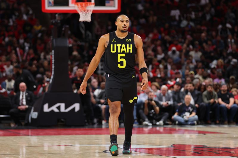 CHICAGO, ILLINOIS - NOVEMBER 06: Talen Horton-Tucker #5 of the Utah Jazz reacts against the Chicago Bulls during the second half at the United Center on November 06, 2023 in Chicago, Illinois. NOTE TO USER: User expressly acknowledges and agrees that, by downloading and or using this photograph, User is consenting to the terms and conditions of the Getty Images License Agreement. (Photo by Michael Reaves/Getty Images)