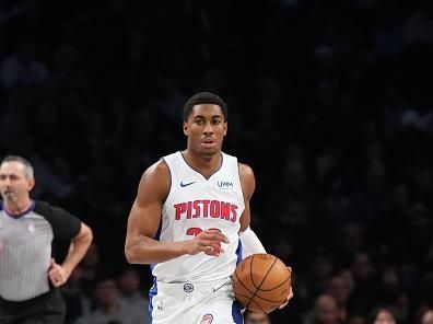 BROOKLYN, NY - DECEMBER 23: Jaden Ivey #23 of the Detroit Pistons brings the ball up court against the Brooklyn Nets on December 23, 2023 at Barclays Center in Brooklyn, New York. NOTE TO USER: User expressly acknowledges and agrees that, by downloading and or using this Photograph, user is consenting to the terms and conditions of the Getty Images License Agreement. Mandatory Copyright Notice: Copyright 2023 NBAE (Photo by Jesse D. Garrabrant/NBAE via Getty Images)