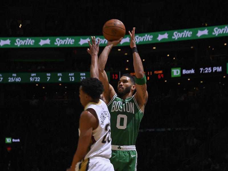 BOSTON, MA - JANUARY 12: Jayson Tatum #0 of the Boston Celtics shoots a three point basket during the game against the New Orleans Pelicans on January 12, 2025 at TD Garden in Boston, Massachusetts. NOTE TO USER: User expressly acknowledges and agrees that, by downloading and/or using this Photograph, user is consenting to the terms and conditions of the Getty Images License Agreement. Mandatory Copyright Notice: Copyright 2025 NBAE (Photo by Brian Babineau/NBAE via Getty Images)