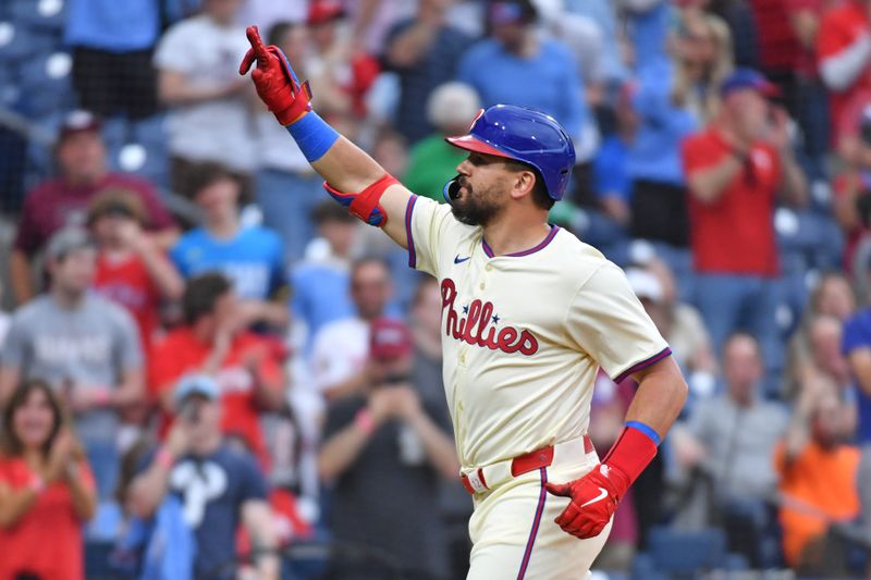 May 6, 2024; Philadelphia, Pennsylvania, USA; Philadelphia Phillies designated hitter Kyle Schwarber (12) celebrates his home run during the eighth inning against the San Francisco Giants at Citizens Bank Park. Mandatory Credit: Eric Hartline-USA TODAY Sports