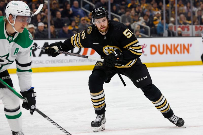 Feb 19, 2024; Boston, Massachusetts, USA; Boston Bruins right wing Justin Brazeau (55) skates in his first NHL game during the third period against the Dallas Stars at TD Garden. Mandatory Credit: Winslow Townson-USA TODAY Sports