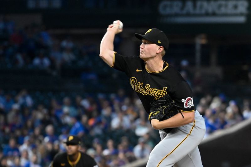 Sep 20, 2023; Chicago, Illinois, USA; Pittsburgh Pirates starting pitcher Mitch Keller (23) delivers the ball against the Chicago Cubs during the first inning at Wrigley Field. Mandatory Credit: Matt Marton-USA TODAY Sports