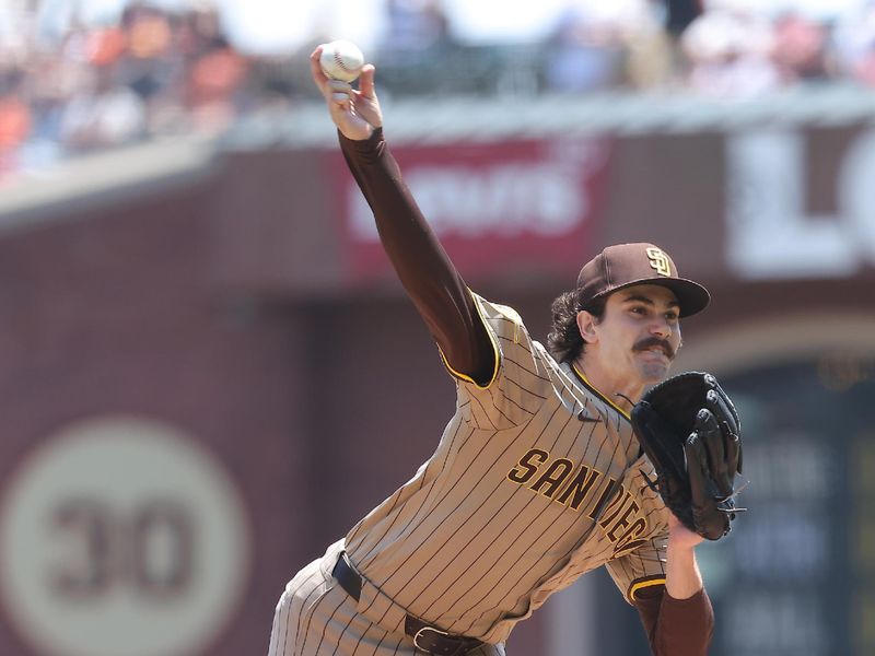 Jun 5, 2025; San Francisco, California, USA; San Diego Padres starting pitcher Dylan Cease (84) pitches the ball against the San Francisco Giants during the first inning at Oracle Park. Mandatory Credit: Kelley L Cox-Imagn Images