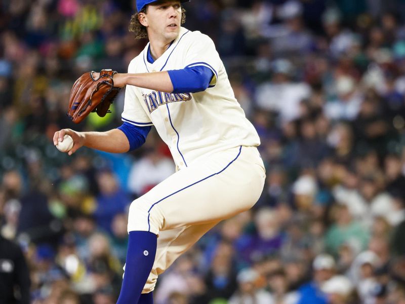 Apr 28, 2024; Seattle, Washington, USA; Seattle Mariners starting pitcher Logan Gilbert (36) throws against the Arizona Diamondbacks during the third inning at T-Mobile Park. Mandatory Credit: Joe Nicholson-USA TODAY Sports