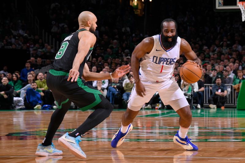 BOSTON, MA - JANUARY 27: James Harden #1 of the LA Clippers dribbles the ball during the game against the Boston Celtics on January 27, 2024 at the TD Garden in Boston, Massachusetts. NOTE TO USER: User expressly acknowledges and agrees that, by downloading and or using this photograph, User is consenting to the terms and conditions of the Getty Images License Agreement. Mandatory Copyright Notice: Copyright 2024 NBAE  (Photo by Brian Babineau/NBAE via Getty Images)