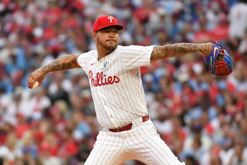 Jun 2, 2024; Philadelphia, Pennsylvania, USA; Philadelphia Phillies pitcher Taijuan Walker (99) throws a pitch against the St. Louis Cardinals during the first inning at Citizens Bank Park. Mandatory Credit: Eric Hartline-USA TODAY Sports