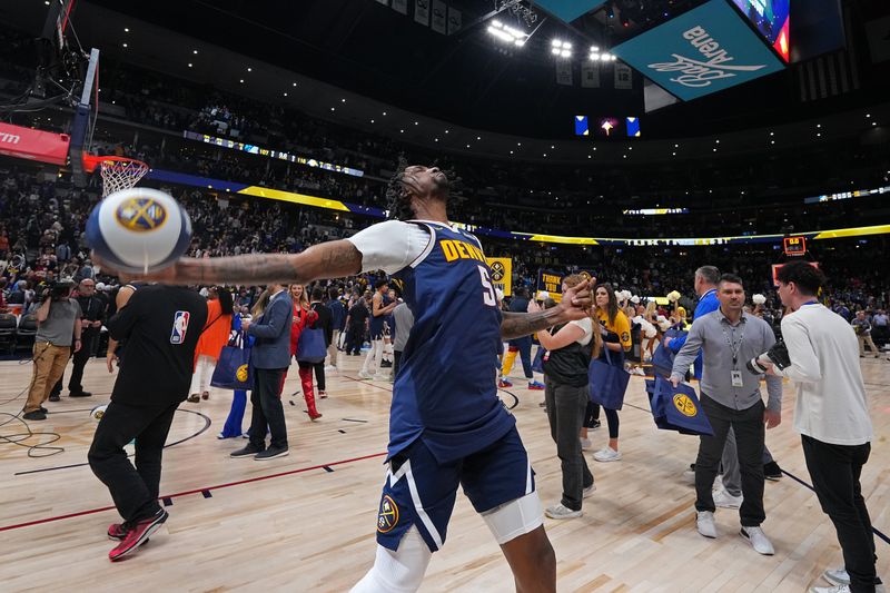 DENVER, CO - APRIL 10: Kentavious Caldwell-Pope #5 of the Denver Nuggets looks on after the game against the Minnesota Timberwolves on April 10, 2024 at the Ball Arena in Denver, Colorado. NOTE TO USER: User expressly acknowledges and agrees that, by downloading and/or using this Photograph, user is consenting to the terms and conditions of the Getty Images License Agreement. Mandatory Copyright Notice: Copyright 2024 NBAE (Photo by Bart Young/NBAE via Getty Images)