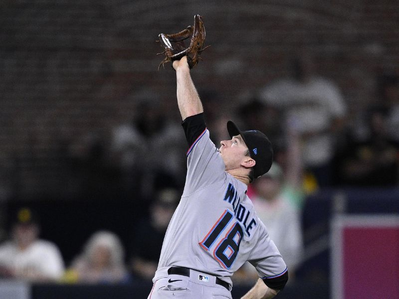 Aug 22, 2023; San Diego, California, USA; Miami Marlins shortstop Joey Wendle (18) catches a pop-up hit by San Diego Padres catcher Luis Campusano (not pictured) during the eighth inning at Petco Park. Mandatory Credit: Orlando Ramirez-USA TODAY Sports