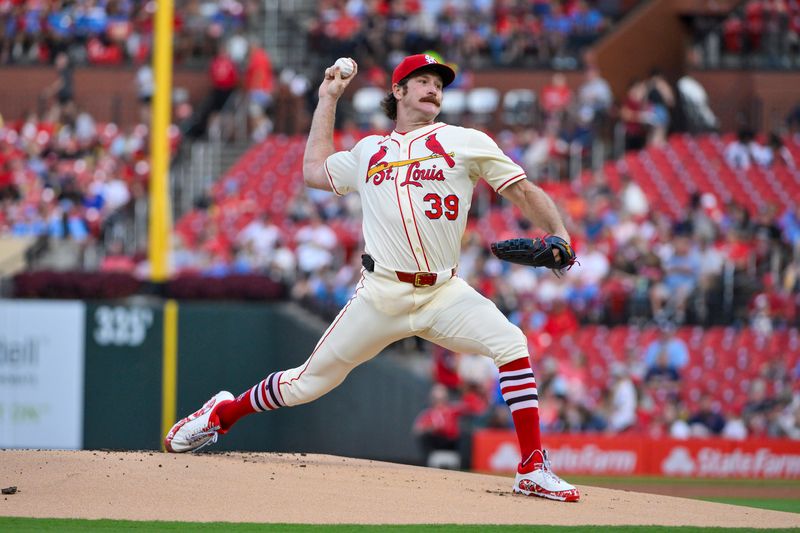 Sep 20, 2025; St. Louis, Missouri, USA;  St. Louis Cardinals starting pitcher Miles Mikolas (39) pitches against the Milwaukee Brewers during the first inning at Busch Stadium. Mandatory Credit: Jeff Curry-Imagn Images