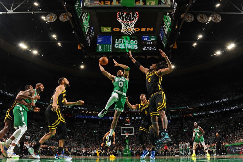 BOSTON, MA - MARCH 3: Jayson Tatum #0 of the Boston Celtics drives to the basket during the game against the Golden State Warriors on March 3, 2024 at the TD Garden in Boston, Massachusetts. NOTE TO USER: User expressly acknowledges and agrees that, by downloading and or using this photograph, User is consenting to the terms and conditions of the Getty Images License Agreement. Mandatory Copyright Notice: Copyright 2024 NBAE  (Photo by Brian Babineau/NBAE via Getty Images)