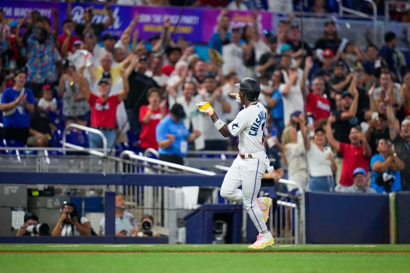 Sep 17, 2023; Miami, Florida, USA; Miami Marlins center fielder Jazz Chisholm Jr. (2) celebrates after hitting a grand slam against the Atlanta Braves during the third inning at loanDepot Park. Mandatory Credit: Rich Storry-USA TODAY Sports