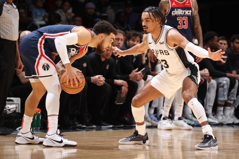 WASHINGTON, DC -? JANUARY 20: Tre Jones #33 of the San Antonio Spurs plays defense during the game against the Washington Wizards on January 20, 2024 at Capital One Arena in Washington, DC. NOTE TO USER: User expressly acknowledges and agrees that, by downloading and or using this Photograph, user is consenting to the terms and conditions of the Getty Images License Agreement. Mandatory Copyright Notice: Copyright 2024 NBAE (Photo by Stephen Gosling/NBAE via Getty Images)