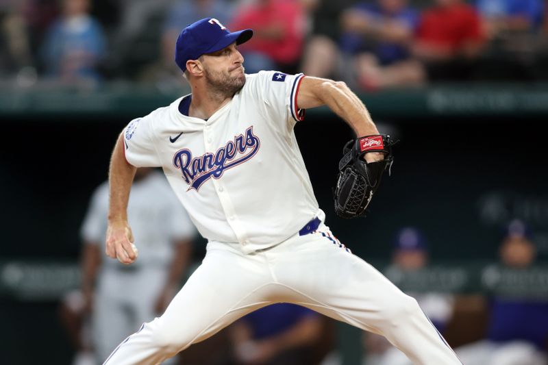 Jul 25, 2024; Arlington, Texas, USA; Texas Rangers pitcher Max Scherzer (31) strikes out Chicago White Sox designated hitter Eloy Jimenez (not pictured) to become 10th on the all-time strike out list in the second inning at Globe Life Field. Mandatory Credit: Tim Heitman-USA TODAY Sports