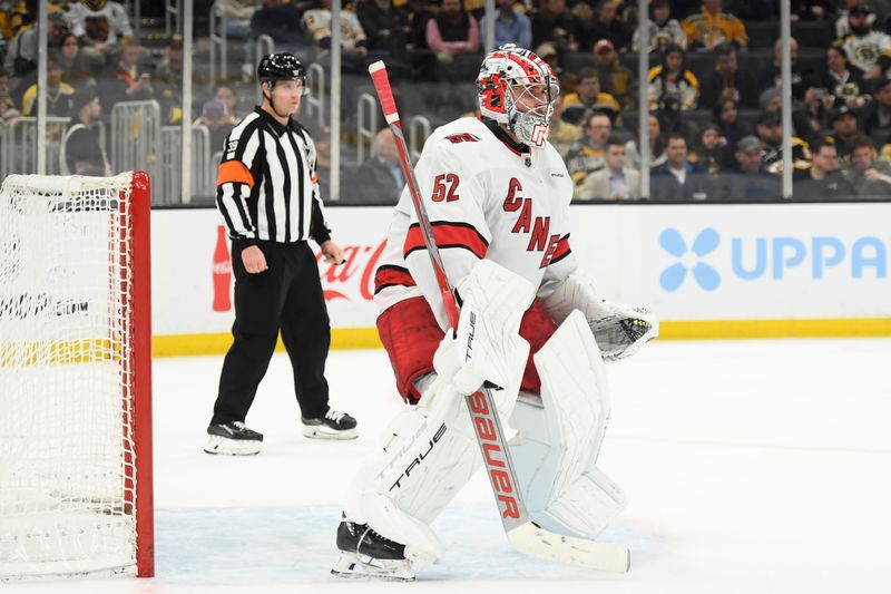 Apr 9, 2024; Boston, Massachusetts, USA; Carolina Hurricanes goaltender Pyotr Kochetkov (52) during the third period against the Boston Bruins at TD Garden. Mandatory Credit: Bob DeChiara-USA TODAY Sports