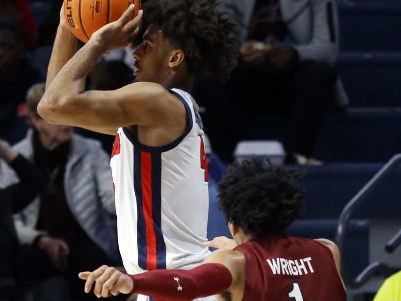 Feb 11, 2023; Oxford, Mississippi, USA; Mississippi Rebels forward Jaemyn Brakefield (4) shoots for three during the first half shoots at The Sandy and John Black Pavilion at Ole Miss. Mandatory Credit: Petre Thomas-USA TODAY Sports