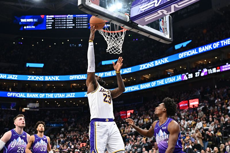 SALT LAKE CITY, UT - DECEMBER 1: LeBron James #23 of the Los Angeles Lakers drives to the basket during the game against the Utah Jazz on December 1, 2024 at Delta Center in Salt Lake City, Utah. NOTE TO USER: User expressly acknowledges and agrees that, by downloading and or using this Photograph, User is consenting to the terms and conditions of the Getty Images License Agreement. Mandatory Copyright Notice: Copyright 2024 NBAE (Photo by Jamie Sabau/NBAE via Getty Images)