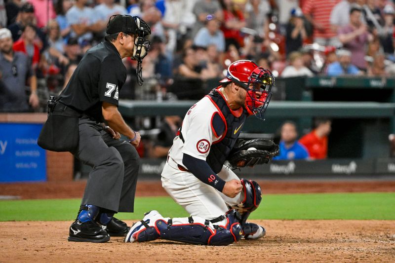 Jun 24, 2024; St. Louis, Missouri, USA;  St. Louis Cardinals catcher Willson Contreras (40) reacts after Atlanta Braves third baseman Zack Short (59) struck out to end the game at Busch Stadium. Mandatory Credit: Jeff Curry-USA TODAY Sports