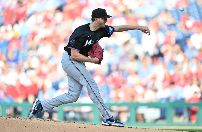 Jun 27, 2024; Philadelphia, Pennsylvania, USA; Miami Marlins starting pitcher Trevor Rogers (28) throws a pitch against the Philadelphia Phillies in the first inning at Citizens Bank Park. Mandatory Credit: Kyle Ross-USA TODAY Sports