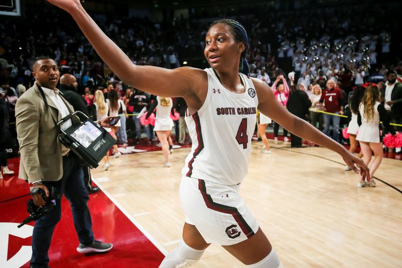 Feb 12, 2023; Columbia, South Carolina, USA; South Carolina Gamecocks forward Aliyah Boston (4) waves to the crowd after their win over the LSU Lady Tigers at Colonial Life Arena. Mandatory Credit: Jeff Blake-USA TODAY Sports