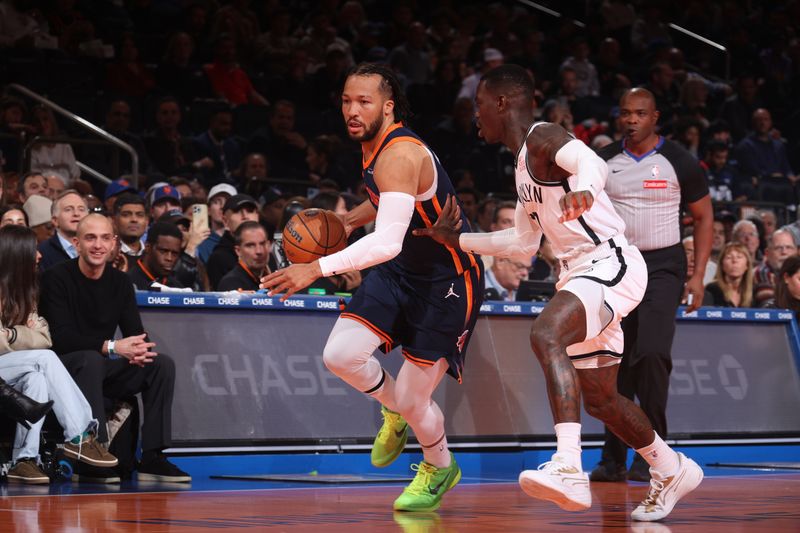 NEW YORK, NY - NOVEMBER 15: Jalen Brunson #11 of the New York Knicks dribbles the ball during the game against the Brooklyn Nets during the Emirates NBA Cup game on November 15, 2024 at Madison Square Garden in New York City, New York.  NOTE TO USER: User expressly acknowledges and agrees that, by downloading and or using this photograph, User is consenting to the terms and conditions of the Getty Images License Agreement. Mandatory Copyright Notice: Copyright 2024 NBAE  (Photo by Nathaniel S. Butler/NBAE via Getty Images)