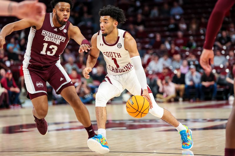 Jan 31, 2023; Columbia, South Carolina, USA; South Carolina Gamecocks guard Jacobi Wright (1) drives around Mississippi State Bulldogs forward Will McNair Jr. (13) in the first half at Colonial Life Arena. Mandatory Credit: Jeff Blake-USA TODAY Sports