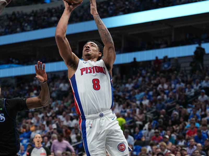 DALLAS, TX - APRIL 12: Jared Rhoden #8 of the Detroit Pistons shoots the ball during the game against the Dallas Mavericks on April 12, 2024 at the American Airlines Center in Dallas, Texas. NOTE TO USER: User expressly acknowledges and agrees that, by downloading and or using this photograph, User is consenting to the terms and conditions of the Getty Images License Agreement. Mandatory Copyright Notice: Copyright 2024 NBAE (Photo by Glenn James/NBAE via Getty Images)