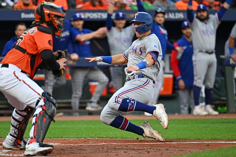 Oct 8, 2023; Baltimore, Maryland, USA; Texas Rangers third baseman Josh Jung (6) slides into home plate to scores a run during the second inning against the Baltimore Orioles during game two of the ALDS for the 2023 MLB playoffs at Oriole Park at Camden Yards. Mandatory Credit: Tommy Gilligan-USA TODAY Sports