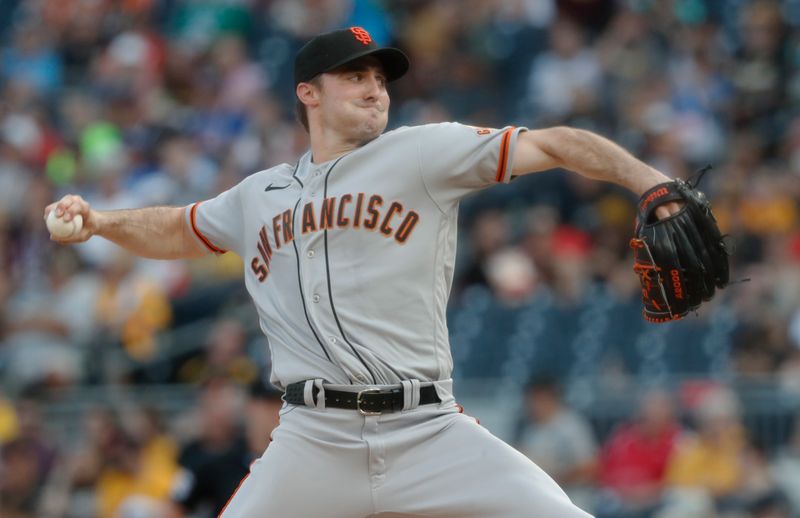 Jul 14, 2023; Pittsburgh, Pennsylvania, USA;  San Francisco Giants starting pitcher Ross Stripling (48) delivers a pitch against the Pittsburgh Pirates during the first inning at PNC Park. Mandatory Credit: Charles LeClaire-USA TODAY Sports