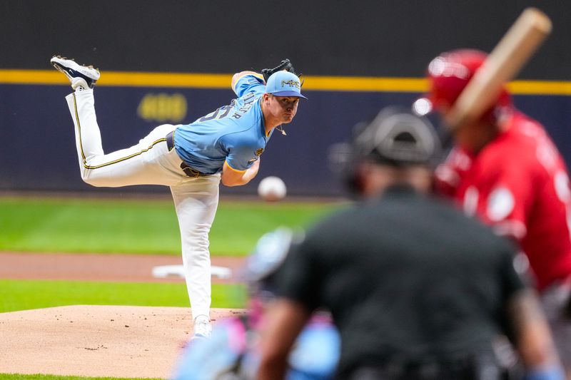 Sep 26, 2025; Milwaukee, Wisconsin, USA;  Milwaukee Brewers pitcher Quinn Priester (46) throws a pitch during the first inning against the Cincinnati Reds at American Family Field. Mandatory Credit: Jeff Hanisch-Imagn Images