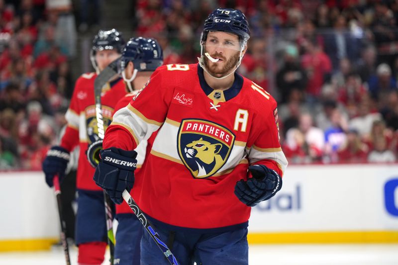 Jun 1, 2024; Sunrise, Florida, USA; Florida Panthers left wing Matthew Tkachuk (19) takes to the ice against the New York Rangers before the start of game six of the Eastern Conference Final of the 2024 Stanley Cup Playoffs at Amerant Bank Arena. Mandatory Credit: Jim Rassol-USA TODAY Sports