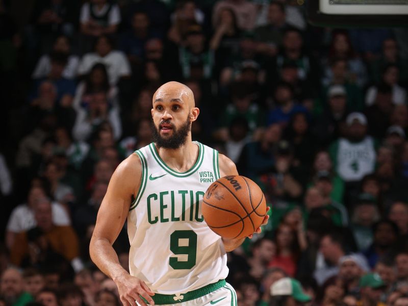 BOSTON, MA - APRIL 11: Derrick White #9 of the Boston Celtics dribbles the ball during the game against the New York Knicks on April 11, 2024 at the TD Garden in Boston, Massachusetts. NOTE TO USER: User expressly acknowledges and agrees that, by downloading and or using this photograph, User is consenting to the terms and conditions of the Getty Images License Agreement. Mandatory Copyright Notice: Copyright 2024 NBAE  (Photo by Nathaniel S. Butler/NBAE via Getty Images)