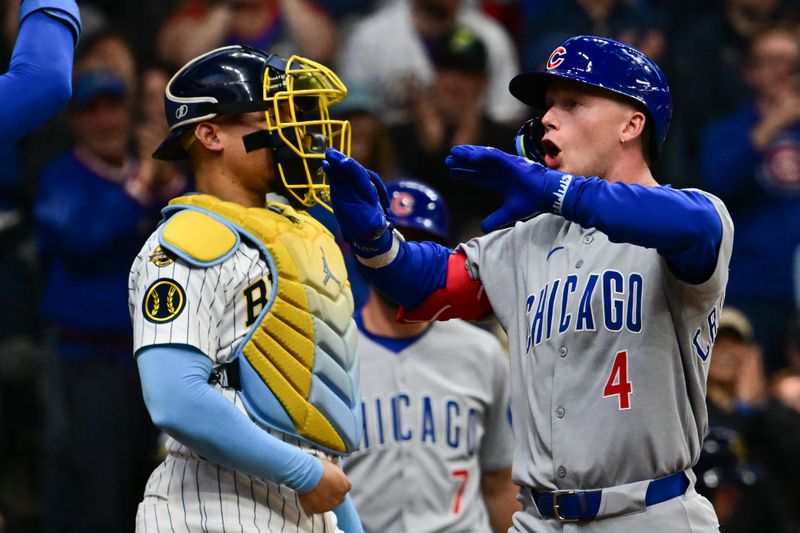 May 3, 2025; Milwaukee, Wisconsin, USA; Chicago Cubs center fielder Pete Crow-Armstrong (4) reacts after hitting a three-run home run against the Milwaukee Brewers in the fourth inning at American Family Field. Mandatory Credit: Benny Sieu-Imagn Images