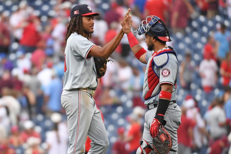 Aug 18, 2024; Philadelphia, Pennsylvania, USA; Washington Nationals outfielder James Wood (29) high fives catcher Keibert Ruiz (20) after win against the Philadelphia Phillies at Citizens Bank Park. Mandatory Credit: Eric Hartline-USA TODAY Sports