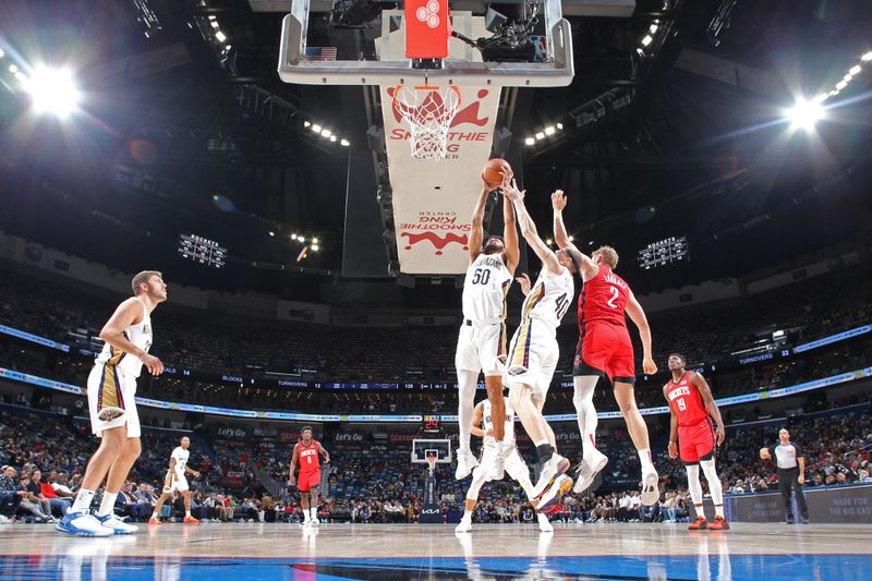 NEW ORLEANS, LA - FEBRUARY 22: Jeremiah Robinson-Earl #50 of the New Orleans Pelicans grabs a rebound during the game against the Houston Rockets on February 22, 2024 at the Smoothie King Center in New Orleans, Louisiana. NOTE TO USER: User expressly acknowledges and agrees that, by downloading and or using this Photograph, user is consenting to the terms and conditions of the Getty Images License Agreement. Mandatory Copyright Notice: Copyright 2024 NBAE (Photo by Layne Murdoch Jr./NBAE via Getty Images)