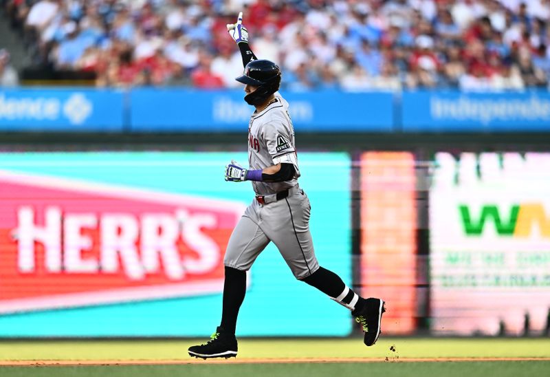 Jun 21, 2024; Philadelphia, Pennsylvania, USA; Arizona Diamondbacks outfielder Lourdes Gurriel Jr (12) rounds the bases after hitting a home run against the Philadelphia Phillies in the second inning at Citizens Bank Park. Mandatory Credit: Kyle Ross-USA TODAY Sports