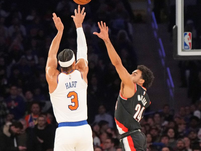 NEW YORK, NY - JANUARY 9: Josh Hart #3 of the New York Knicks shoots the ball during the game against the Portland Trail Blazers on January 9, 2024 at Madison Square Garden in New York City, New York.  NOTE TO USER: User expressly acknowledges and agrees that, by downloading and or using this photograph, User is consenting to the terms and conditions of the Getty Images License Agreement. Mandatory Copyright Notice: Copyright 2024 NBAE  (Photo by Jesse D. Garrabrant/NBAE via Getty Images)