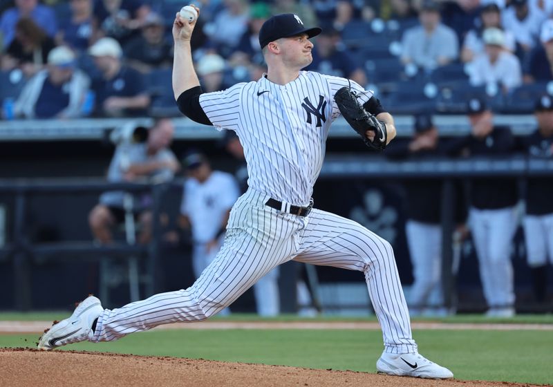 Mar 16, 2023; Tampa, Florida, USA; New York Yankees starting pitcher Clarke Schmidt (86) throws a pitch against the Pittsburgh Pirates during the first inning at George M. Steinbrenner Field. Mandatory Credit: Kim Klement-USA TODAY Sports