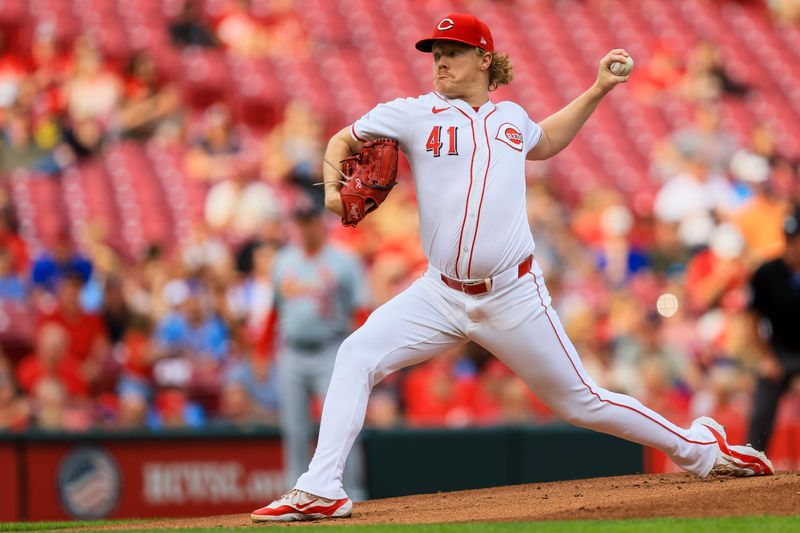 Aug 12, 2024; Cincinnati, Ohio, USA; Cincinnati Reds starting pitcher Andrew Abbott (41) pitches against the St. Louis Cardinals in the first inning at Great American Ball Park. Mandatory Credit: Katie Stratman-USA TODAY Sports