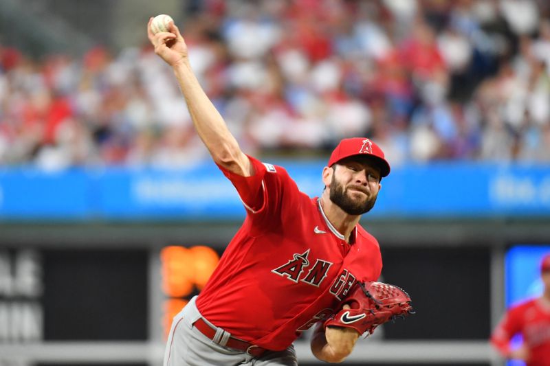 Aug 28, 2023; Philadelphia, Pennsylvania, USA; Los Angeles Angels starting pitcher Lucas Giolito (24) throws a pitch during the second inning against the Philadelphia Phillies at Citizens Bank Park. Mandatory Credit: Eric Hartline-USA TODAY Sports