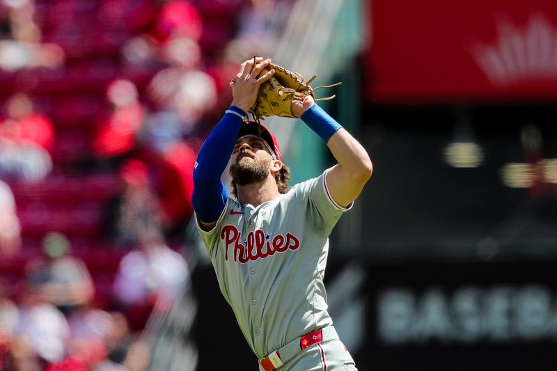 Apr 25, 2024; Cincinnati, Ohio, USA; Philadelphia Phillies first baseman Bryce Harper (3) catches a pop up hit by Cincinnati Reds first baseman Christian Encarnacion-Strand (not pictured) in the sixth inning at Great American Ball Park. Mandatory Credit: Katie Stratman-USA TODAY Sports