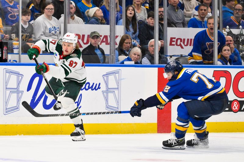 Nov 19, 2024; St. Louis, Missouri, USA;  Minnesota Wild left wing Kirill Kaprizov (97) shoots and scores an empty net goal against the St. Louis Blues during the third period at Enterprise Center. Mandatory Credit: Jeff Curry-Imagn Images