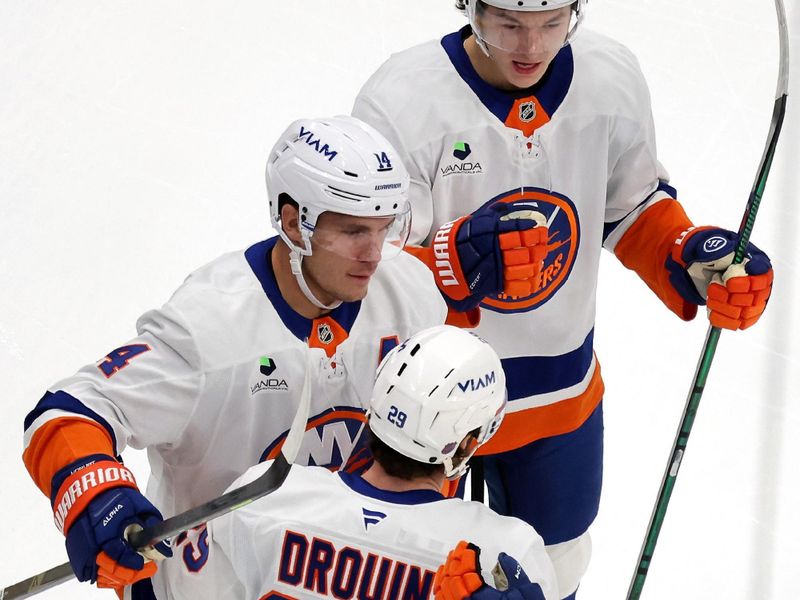 Oct 28, 2025; Boston, Massachusetts, USA; New York Islanders center Bo Horvat (14) is congratulated after his goal by left wing Jonathan Drouin (29) and defenseman Matthew Schaefer (48) during the first period at TD Garden. Mandatory Credit: Winslow Townson-Imagn Images